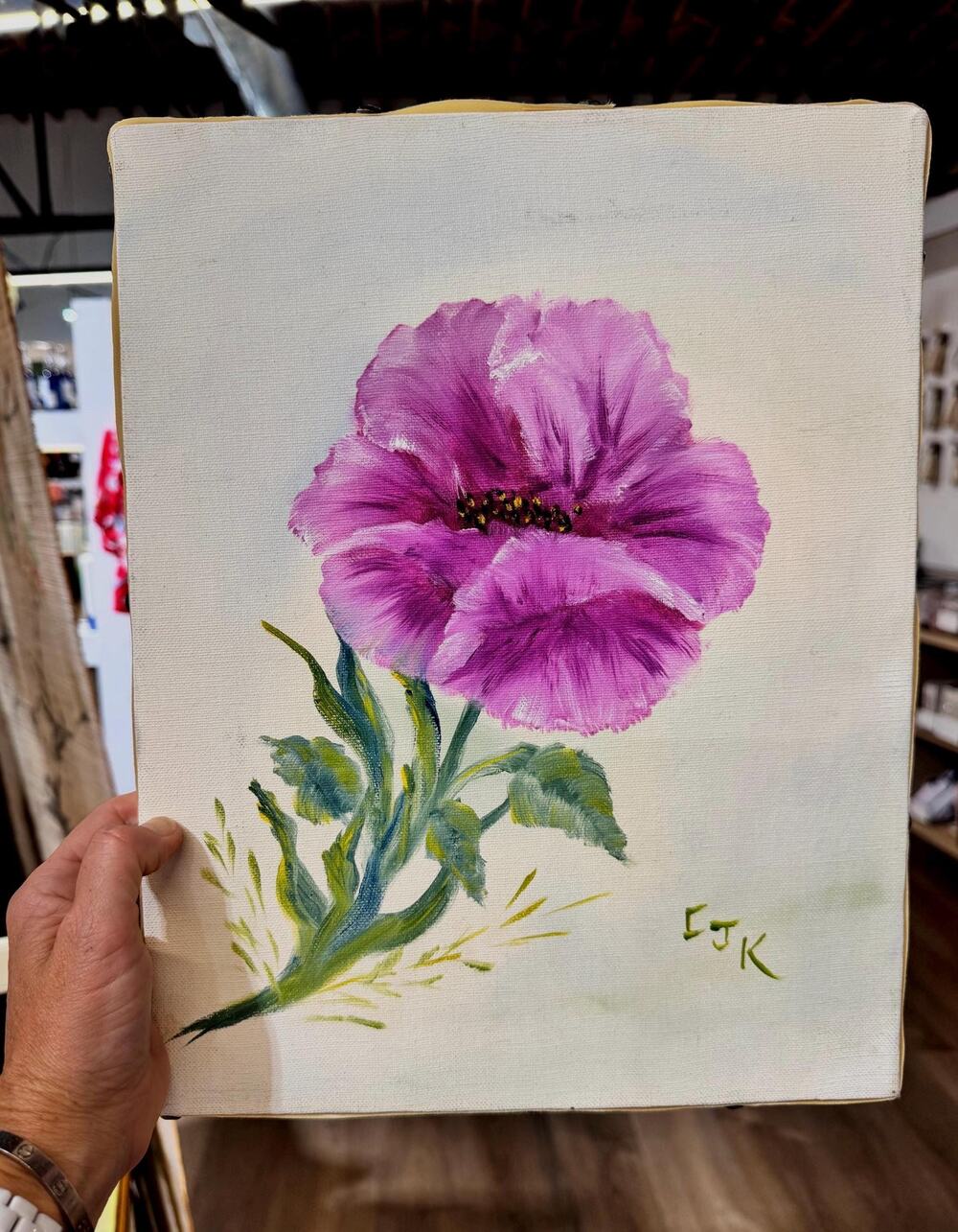 Vintage Original 1980s Purple Poppy Flower Oil Painting on Canvas